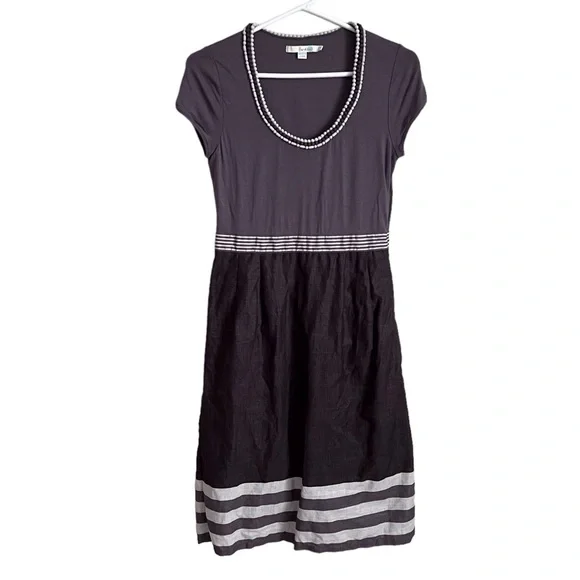 linen occasion dress Tan Minimal Stripe Linen Midi Dress Smock Back main image 1